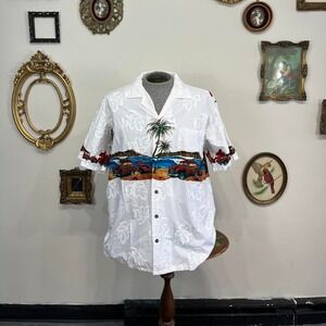 Vintage Hawaiian Scenic Print Button-Up Shirt – Palm Tree Truck Graphic Men's XL